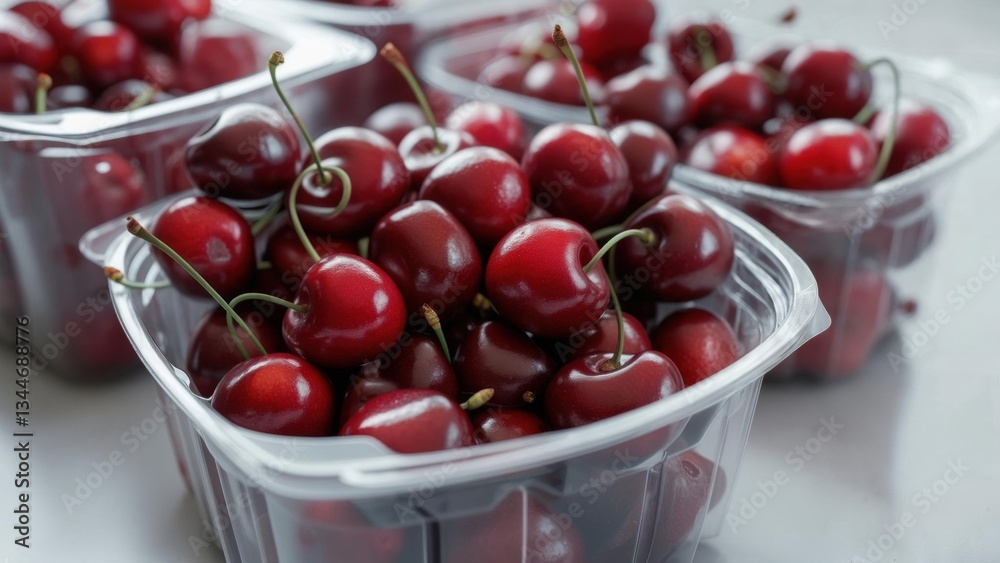 Fresh cherries in clear containers on a light surface ready for sale at a market Fresh cherries in clear containers on a light surface ready for sale at a market