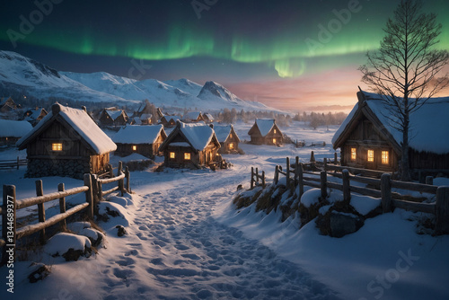 Snowy Viking Hamlet at Dawn: A Cozy Nordic Winter Scene.