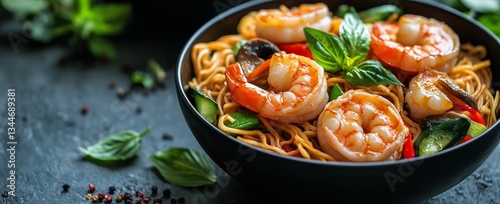 Delicious Shrimp Stir Fry With Vegetables Served in a Black Bowl With Fresh L...