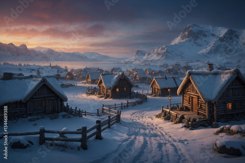 Snowy Viking Hamlet at Dawn: A Cozy Nordic Winter Scene.