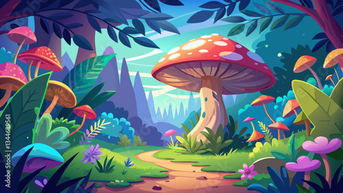 Enchanting fairytale like landscape featuring a colorful mushroom growing amidst a lush verdant forest filled with blooming flowers ferns and other vibrant plant life The serene