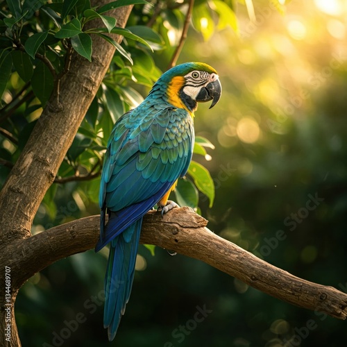 Blue-and-yellow Macaw perched in jungle sunlight