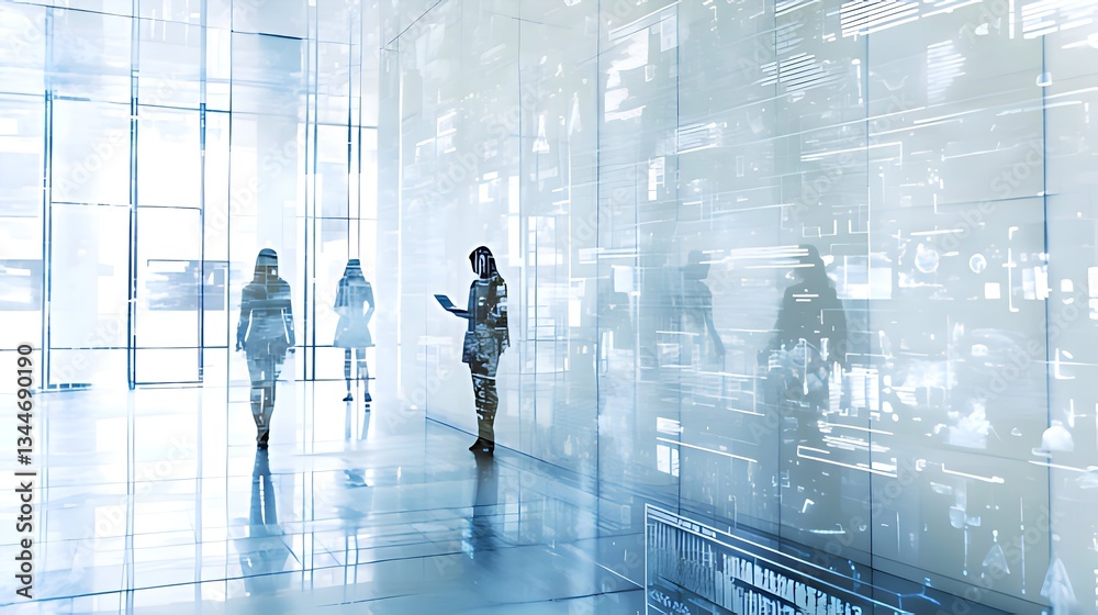 Fototapeta premium Modern office interior with digital display wall. Workers walking. Possible use Stock photo for business, technology, design