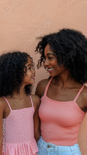 Mother and Daughter Share a Joyful Moment Wearing Matching Outfits Against a ...