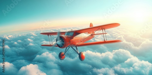 A bright red biplane soaring high above fluffy white clouds in the sky