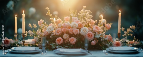 Elegant Floral Arrangement and Candlelight Setting at an Outdoor Dinner Table...