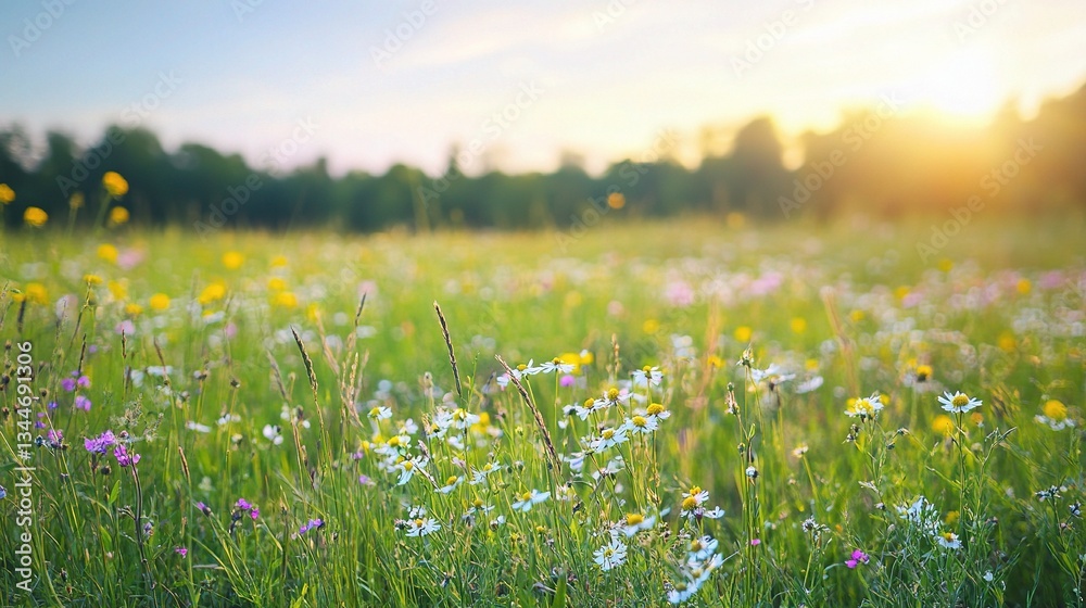 Fototapeta premium Vivid Summer Meadow Under Soft Sunset Light in Green Landscape