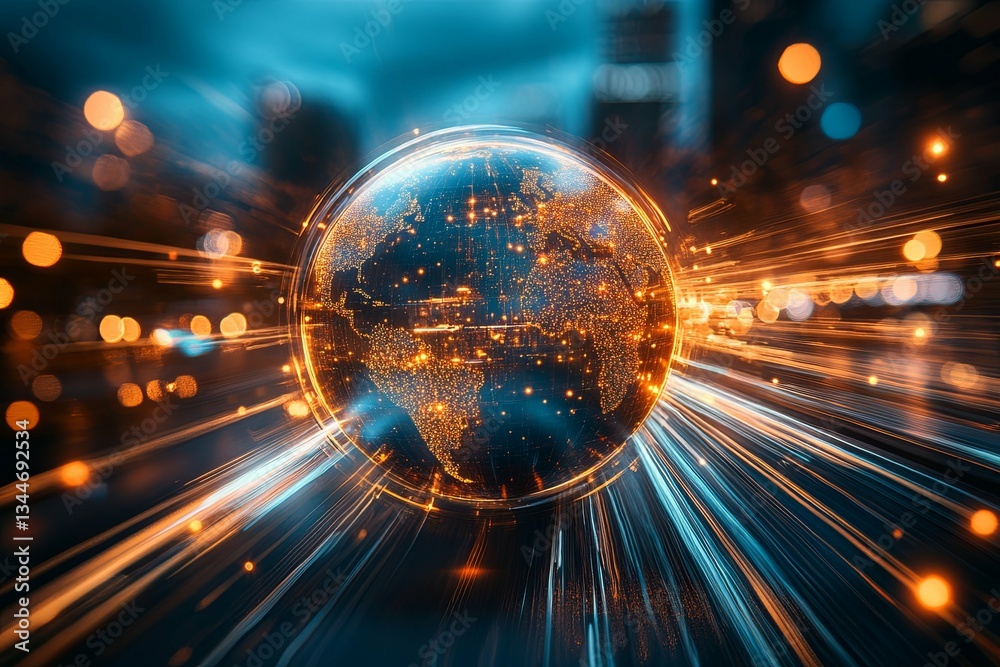 A digital representation of the earth surrounded by light streaks A digital representation of the earth surrounded by light streaks