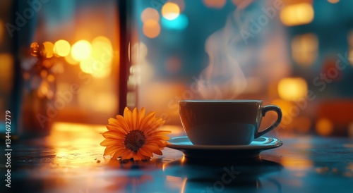 Cozy Coffee Cup With Flower in Vibrant Cafe During Evening Hours