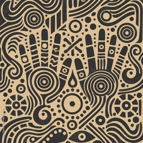 Abstract black and white hand drawn pattern with ethnic motifs.