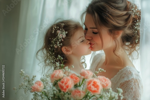 Joyful Mother and Daughter Share a Tender Moment Wearing Bridal Attire in a B...