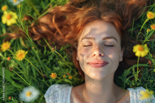 A peaceful scene of a woman lying on the lush green grass during the vibrant spring season, surrounded by blooming flowers and fresh greenery, embracing the warmth and serenity of nature.