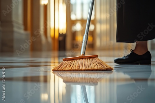 Wallpaper Mural A maid is engaged in the activity of sweeping the polished floor with a traditional broom, highlighting the elegant grand hallway bathed in natural light Torontodigital.ca