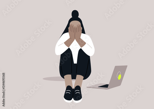 A burnout character shows signs of exhaustion, sitting on the floor with hands covering their face, laptop beside them, reflecting the struggle of managing stress in a serene setting