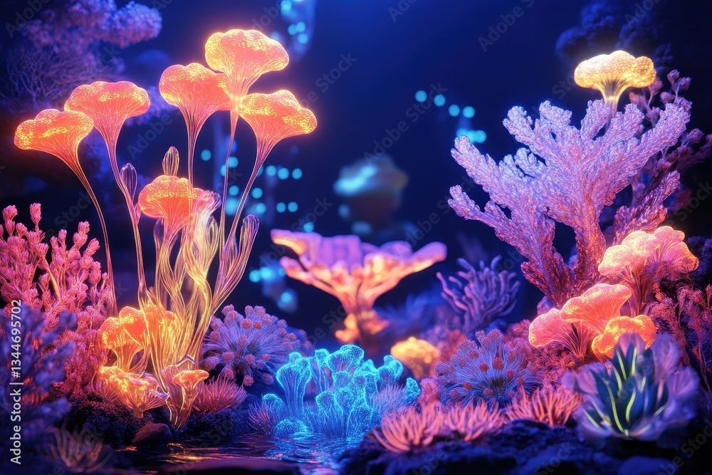 Fototapeta premium The colorful aquatic plants illuminated beneath dark blue ocean waters
