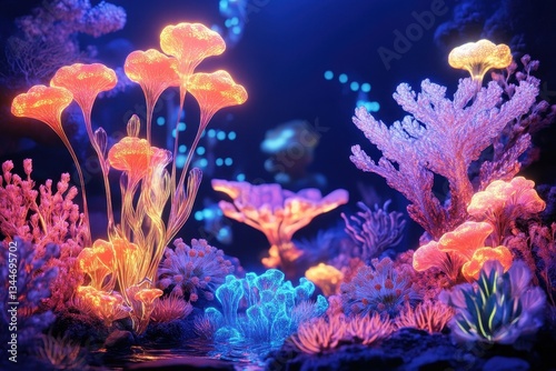 The colorful aquatic plants illuminated beneath dark blue ocean waters