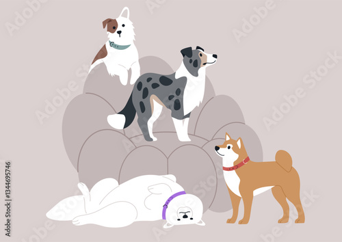 Four adorable dogs relaxing on a cozy armchair in a stylish living room during a sunny afternoon, showcasing their playful and charming personalities