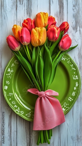 Beautifully Arranged Tulip Bouquet on a Green Plate for a Spring Celebration ...
