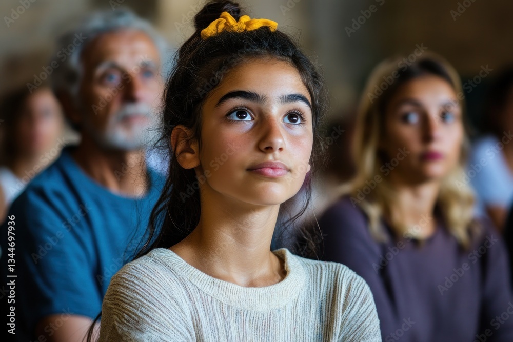 Fototapeta premium A teenage girl attentively listens to a sermon in a church surrounded by her parents, capturing the essence of family unity and spiritual reflection in a serene setting