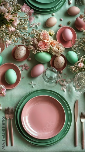 Colorful Easter Table Setting With Decorative Eggs, Flowers, and Dining Utens...