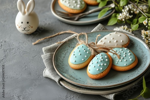 Colorful Easter Cookies With Bunny and Decorated Eggs on a Pastel Plate