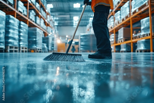 A warehouse janitor is actively sweeping the concrete floor, using a large broom, creating a cloud of dust in a spacious industrial setting during daylight hours