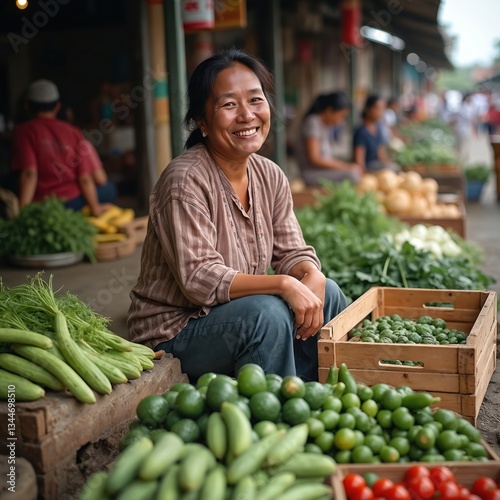 Fototapeta Naklejka Na Ścianę i Meble -  Smiling asian woman sells vegetables on local market. Seller sits near cucumbers, tomatoes, greens. Concept of healthy eating, agriculture, small business. Local produce, food retail.