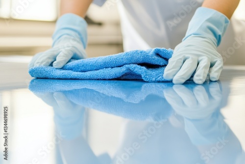 Individual uses a blue cloth and disinfectant to wipe fingerprints off a laboratory table, ensuring cleanliness in a professional environment