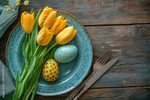 Colorful Easter Table Setting With Tulips and Decorated Eggs on Rustic Wooden...