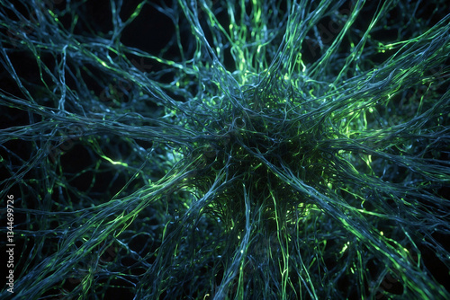 Bioluminescent Neural Web: A Tangled Lattice of Green Filaments.