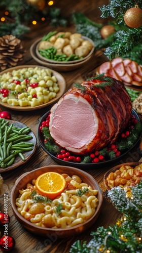 Holiday Feast Display Featuring Glazed Ham and Side Dishes on a Festive Table...
