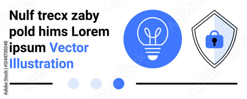 Blue lightbulb alongside security shield with lock. Text placeholders and dotted icons in clean layout. Ideal for innovation, security, technology, protection, creativity, design, flat landing page