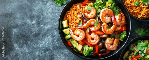 Delicious Shrimp Stir Fry With Vegetables Served in a Black Bowl With Fresh L...