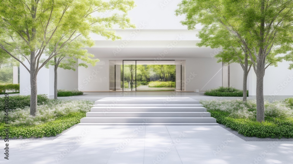 Modern, minimalist entrance with lush greenery. Large glass doors open to a tranquil garden. Exterior stairs lead to the entryway Modern, minimalist entrance with lush greenery. Large glass doors open to a tranquil garden. Exterior stairs lead to the entryway