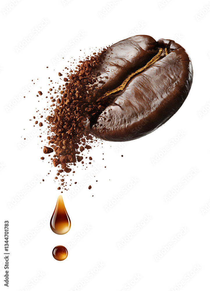 Coffee Bean with Ground Powder and Droplet isolated