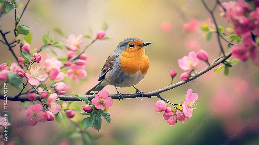 Vibrant Bird Perched on Blossom-Laden Branch in Serene Spring Garden Vibrant Bird Perched on Blossom-Laden Branch in Serene Spring Garden