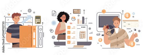 Budget bookkeeping illustration set. People doing paperwork. Characters accounting debit and credit, calculating bills and income taxes. Financial management concept. Vector illustration.