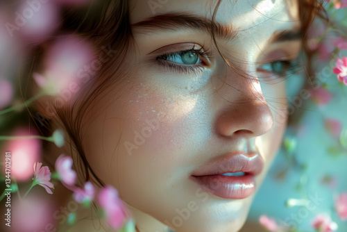 A serene woman with radiant skin, softly touching her face in a close-up shot, framed by a minimalistic pastel background and soft diffused lighting, enhancing her natural beauty and peaceful aura.