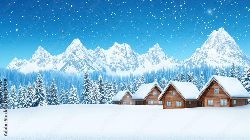 Fototapeta premium Breathtaking Winter Wonderland Scene with Snow-Covered Cabins and Majestic Mountains