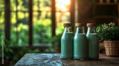 Bottles of Fresh Milk With Flowers on a Wooden Table in a Sunlit Garden Setting