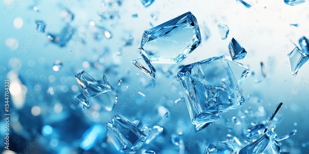 Fragments of transparent glass shattered floating in a light blue background Fragments of transparent glass shattered floating in a light blue background