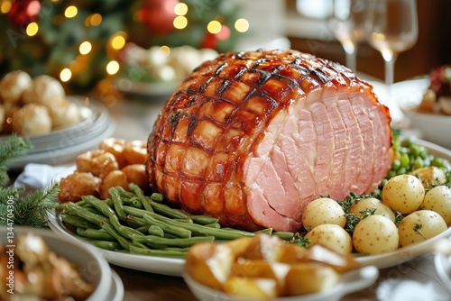 Holiday Feast Featuring Glazed Ham Surrounded by Festive Side Dishes and Deco...
