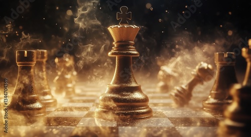 Majestic Golden Chess King Standing Strategically on a Dimly Lit Chessboard S...