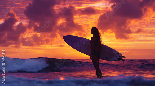 A silhouette of a woman holding a surfboard against a vivid sunset with orange and purple hues, as waves gently crash at her feet, capturing the essence of adventure and tranquility on a perfect.