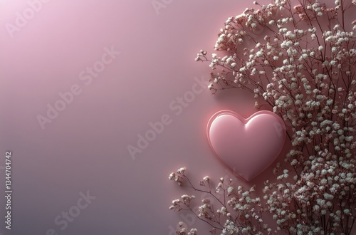 Heart-shaped Arrangement of Pink Flowers and Cardstock on Pastel Background f...