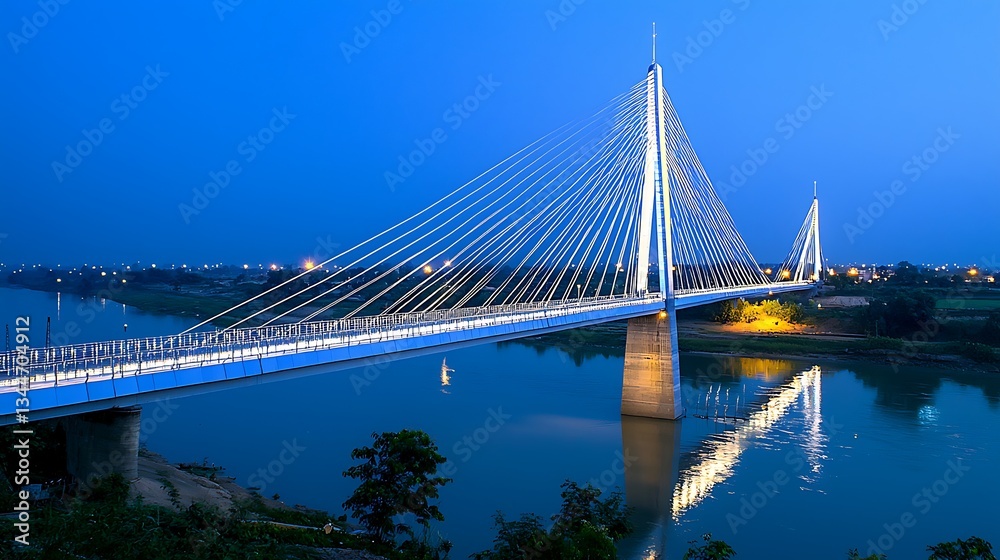 Fototapeta premium Modern cable-stayed bridge spanning a tranquil river at twilight. Illuminated by the soft glow of city lights reflected on the water