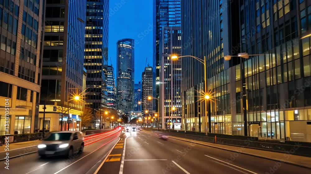 Night view of modern city skyline with highways and colorful light trails. Cars headlamp trails with motion blur effect at night city street Night view of modern city skyline with highways and colorful light trails. Cars headlamp trails with motion blur effect at night city street