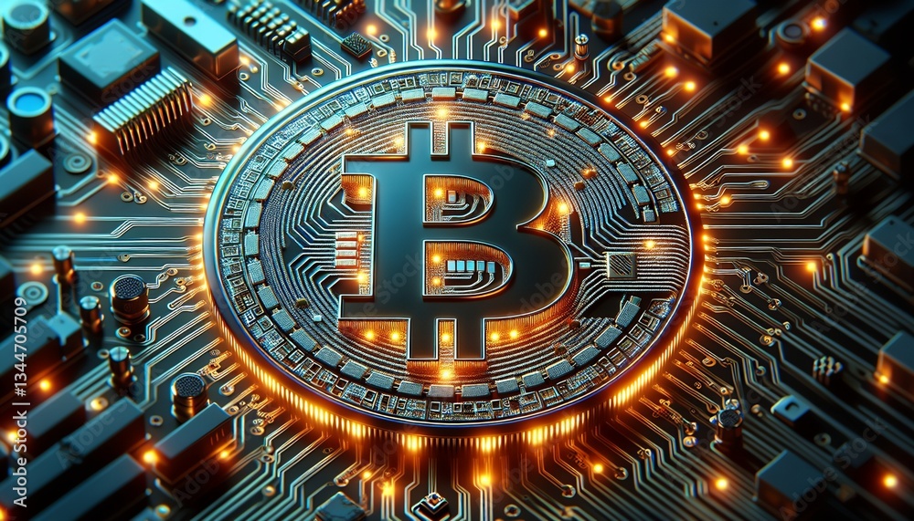 A glowing bitcoin symbol representing the fusion of digital currency and cutting-edge technology.
