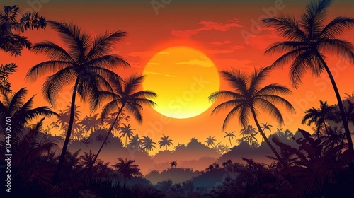 Tropical Sunset Behind Palm Trees in Peaceful Summer Setting