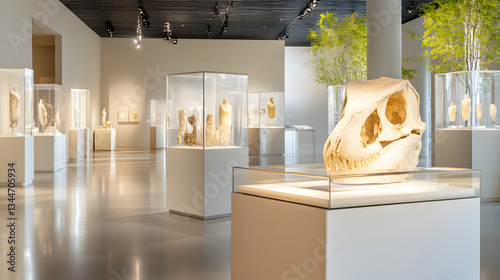  Fossilized dinosaur skull in modern museum exhibition.
